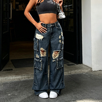 Jeans cargo vintage délavés et déchirés à jambes larges, avec plusieurs poches latérales, effet usé, coupe ample, pour femme
