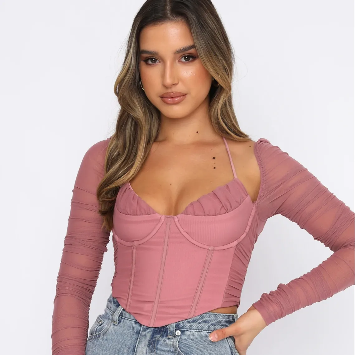 Fashion Tank Tops Ladies Long Sleeve Halter Evening Party Wear Solid Color Casual Crop Top Blouse Women