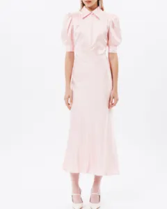 맞춤형 패션 핑크 우아한 캐주얼 드레스 기질 푹신한 소매 피쉬 테일 스탠드 칼라 드레스