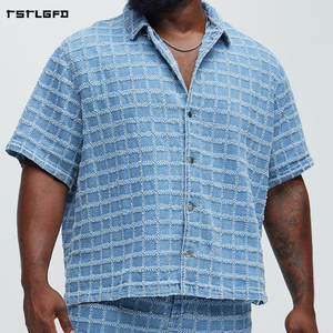 Fully Cut And Sew Frayed Checkered Men'S <b>Set</b> Heavyweight Vintage Wash Oversized Streetwear Acid Wash Shirt Shorts <b>Set</b> - Product Image 5
