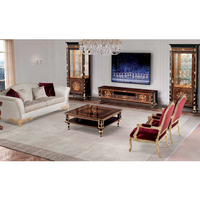 Meuble TV classique noir et or fait main, console multimédia haut de gamme en bois massif laqué pour villa