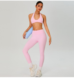 Women Deep U Halter Neck Sports Bra Solid Low Back Removable Padded Yoga Crop Top Low Impact Pilates Fitness Workout Bra OEM ODM - Product Image 4