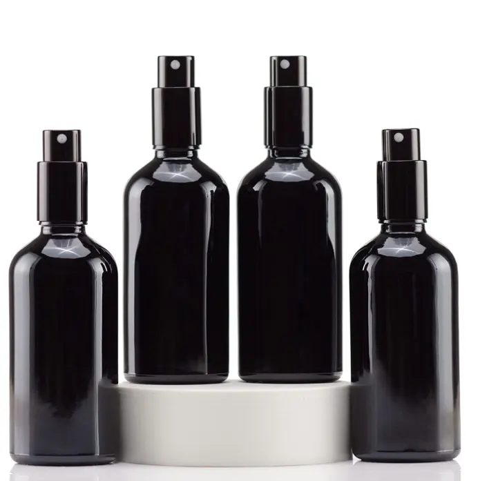 En stock 100ml ambre noir givré bleu vert petit flacon pulvérisateur vide en verre pour huile essentielle 120ml