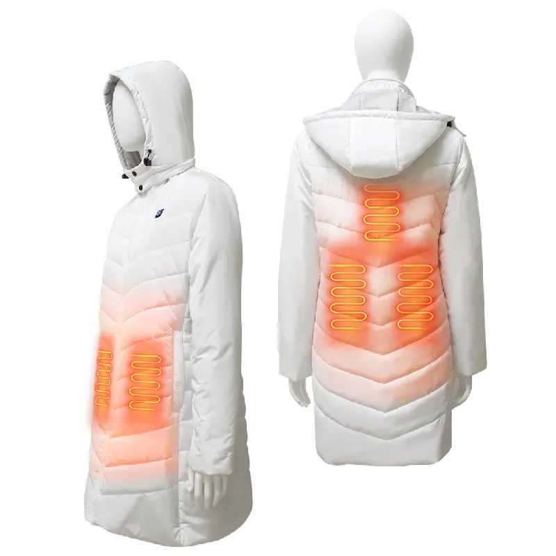 Jaqueta acolchoada térmica XL de inverno para mulheres com carregador USB comprimento médio a longo interruptor duplo poliéster aquecido à prova de vento