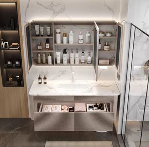 Tocador de baño personalizado, lavabo integrado, armario con espejo de maquillaje inteligente, juego de mesa de baño - Product Image 5