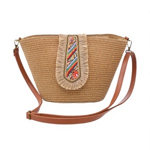 Premium Bohemian Crossbody <b>Bag</b> Large Capacity Fashionable <b>Straw</b> Woven Shoulder <b>Bag</b> Nylon Single Strap Zipper Closure Flower - Product Image 2