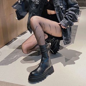 Botas de Media Pantorrilla con Cordones para Mujer, Estilo Vintage, Punta Redonda, Cuero Negro, Cierre Lateral, Plataforma, Estilo Biker, Otoño Invierno - Product Image 4