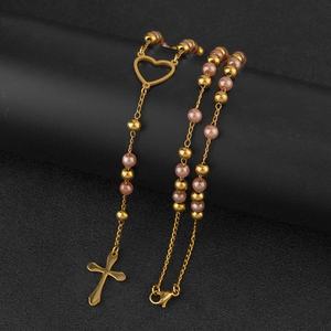 Chapelet religieux long en acier inoxydable plaqué or avec pendentif Vierge Marie et croix, collier catholique pour femmes - Product Image 2