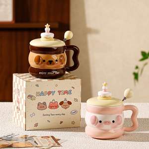 Cute Cartoon <b>Ceramic</b> <b>Mug</b> With Lid And Spoon Animal Design For Home Office Gift - Product Image 1