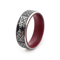 Bague Viking en Acier Inoxydable 316L de 8 mm, Or Antique, Motif Loup Nordique, Nœud Celtique, Bande Intérieure Rouge, Bijoux Nordiques pour Hommes - Vente en Gros