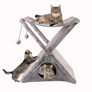 毛绒折叠猫公寓房子可折叠猫塔树带吊床和抓挠垫