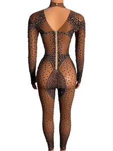 Traje <span class=keywords><strong>de</strong></span> Baile <span class=keywords><strong>de</strong></span> Verano, Ajustado, con Pedrería Brillante, para Club Nocturno, Bar, Red Social, Cuello Rojo, Estilo Celebridad, <span class=keywords><strong>Mono</strong></span> para Escenario - Product Image 4