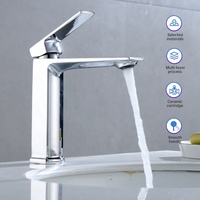 Robinet de lavabo carré moderne chaud/froid à poignée unique avec capteur tactile, finition chrome poli, cartouche céramique, en alliage de zinc, à poser sur le comptoir