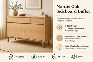 Credenza Nordica di Alta Qualità Personalizzata, <span class=keywords><strong>Mobile</strong></span> Buffet in Rovere Chiaro con 3 Cassetti, Fornitore OEM di Mobili per Soggiorno - Product Image 2