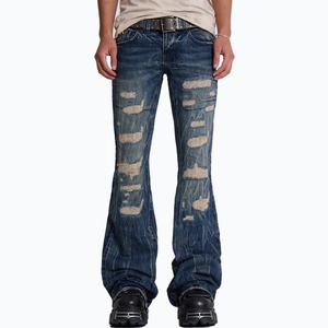 Fabricant de vêtements sur mesure, jeans bleus à lacets pour hommes, jeans déchirés, réparés, effet usé, coupe bootcut - Product Image 1