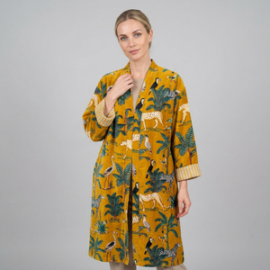 Robe longue Kinono pour femme, imprimé animal jaune, manches trois quarts, en velours, pour l'hiver et l'été - Product Image 1
