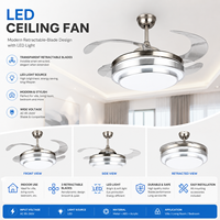 Kipas Angin Plafon LED DC Motor Retractable Modern 42 Inch dengan Lampu, Baling-Baling Transparan, Finishing Nikel Brushed untuk Villa, Ruang Tamu, Kamar Tidur