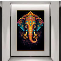 Grand Panoramique Ganesh Wall Art Hindou Verre Impression Décor Verre Trempé avec Base en Toile pour la Décoration Intérieure