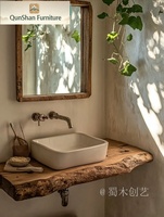 Solid Wood Live Edge Luxury Eco-Friendly Silent Wind Design Bathroom Vanity Shelf | Wall Mounted Rustic Sink Console Mirror