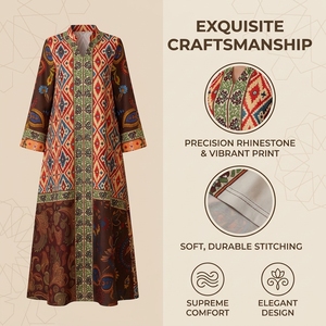 Premium Printed <b>Kaftan</b> Dress Women Four Way Stretch Hotfix Maxi <b>Long</b> Sleeve Modest Ethnic Boho Style for Resort Gathering - Product Image 3