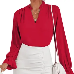 2023 Женская одежда с рюшами и V-образным вырезом, шифоновая рубашка с длинным рукавом, однотонные элегантные топы, женские блузки, Топ