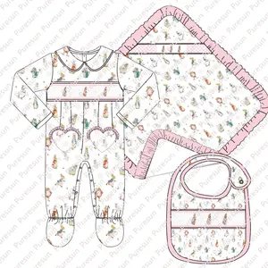 英国吸烟儿童服装匹配围兜毯定制设计长袖婴儿连身衣精品褶边女孩连身衣