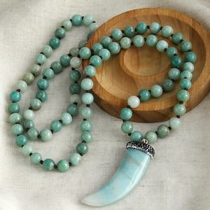 Moda donna <span class=keywords><strong>collana</strong></span> etnica boema gioielli tribali pietre di amazzonite <span class=keywords><strong>collana</strong></span> lunga <span class=keywords><strong>con</strong></span> ciondolo in corno di bue di pietra annodata - Product Image 5
