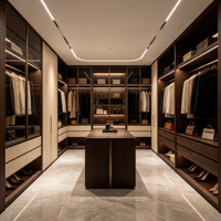 Dressing sur mesure haut de gamme avec armoire, portes vitrées modernes et îlot central pour chambre de villa