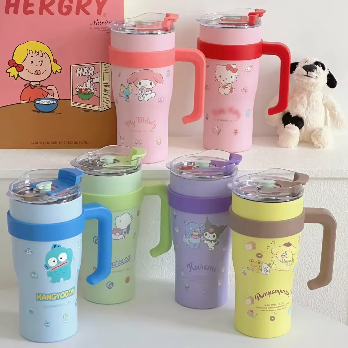 Hot Selling Sanrios 900ml Kawaii Anime Kuromi Melody Kitty cat Portable Ice and Hot Water Cup with Handle and Straw