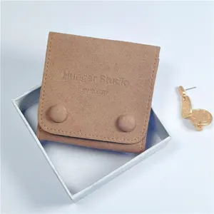 Customize Fantastic Style 8x8cm Logo Deboss Brown Microfiber Leather Envelope Flap Jewelry Pouch With Button