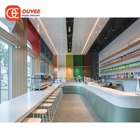 Conception de l'aménagement de l'espace café-restaurant pour bar à expresso haut de gamme, solution de conception de café-restaurant en verre et métal