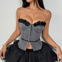 Bustier Corset sans bretelles à broderie florale, bordure à volants, devant ouvert, à armatures, pour soirée en boîte de nuit, lingerie bustier