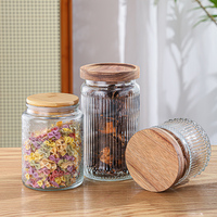 Recipiente de almacenamiento de vidrio hermético transparente para alimentos con tapa de madera de sellado para harina, té, granos de café, galletas de azúcar, 500ml, 700ml, 1000ml