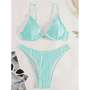Bikini de Color Sólido Estilo Europeo y Americano 2024, Traje de Baño de Dos Piezas con Tirantes de Textura Irregular Estilo Francés para Mujer - Product Image 1