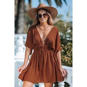 Falda corta tropical de playa con cuello en V, sin espalda, con lazo en la cintura para lucir delgada y holgada, color marrón - Product Image 1