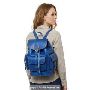 Sac à dos en similicuir bleu, forme carrée, fermeture éclair, décontracté, usage quotidien, bandoulière, toile résistante à l'eau, grande capacité, antivol - Product Image 1