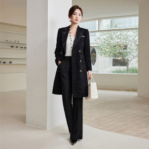 黒のエレガントなダブルブレスト織りチェック柄ロングスリムフィットブレザー女性の秋冬通勤ドレス - Product Image 5