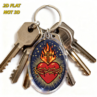 Porte-clés Cœur Sacré, design Flamme, Croix et Couronne d'épines, breloque ovale en acrylique pour clés ou sac, style art religieux tatoué