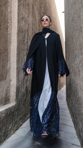 custom Black Abaya with Lace Trim Flare Sleeve Muslim Maxi Dress with <b>Matching</b> Hijab kimono abaya - Product Image 3