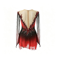 Robe de patinage artistique dégradé rouge et noir, dos en V profond, manches longues en maille, ornée de strass, pour enfants et adultes, pour compétition et performance
