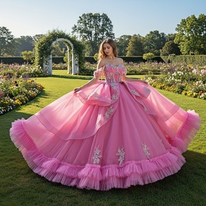 ชุดแต่งงานแบบ Quinceanera สีชมพูหรูหรา รุ่น Xs238 ประดับลูกไม้ แต่งระบาย คอวี พร้อมโบว์ประดับคริสตัล สำหรับเจ้าสาว - Product Image 1