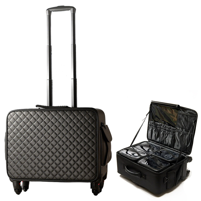 Professional Rolling Makeup Train Case Aluminum Trolley Case with 360° Rotation Wheels for Makeup Artist Cosmetic Suitcase