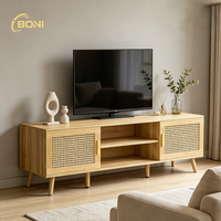 Meuble TV en bois naturel respirant avec étagères réglables et rangement ouvert, console multimédia pour appartement, chambre et salon