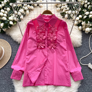 Chemise française pour femmes, fleurs industrielles lourdes, avec col, haut à simple boutonnage, chemisiers élégants pour femmes - Product Image 1