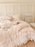 Ensemble quatre pièces en coton lavé de style crème français avec dentelle, housse de couette en forme de feuille de lotus, style princesse, qualité automne, rembourrage en laine