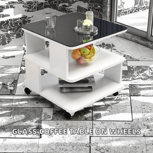 Table basse carrée moderne avec roulettes, étagère de rangement à 3 niveaux, table d'appoint roulante, meubles de salon noir et blanc - Product Image 3