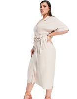 KY Wrap Around robes décontracté été pierre courbe lin propagation col manches courtes Wrap cravate côté robe mi-longue grande taille femmes