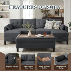 Canapé modulable convertible avec table basse ottoman, canapé en tissu lin moderne en forme de U, canapé 4 places pour <span class=keywords><strong>salon</strong></span> ou bureau - Product Image 2