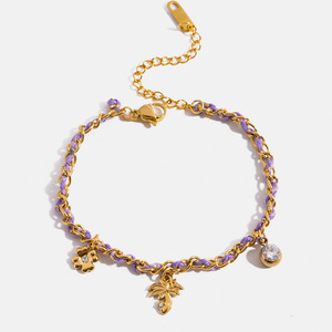 Pulsera de Moda con Dijes, Cuerda Dorada y Morada, Trébol de Cuatro Hojas, Colgante de Árbol de Coco, Joyería de Regalo - Product Image 1