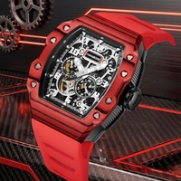 Montre mécanique automatique multifonction pour homme HANBORO, importée, boîtier en fibre de carbone, bracelet en caoutchouc, aiguille en verre, 5 BAR étanche